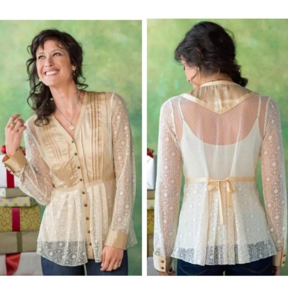 Sundance Satin Lace Sheer Western Boho Babydoll V-Neck Lady Jane Blouse Size 4